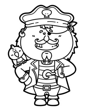 Vector illustration coloring page of happy cartoon Pirate with a parrot on his shoulder for children and scrap book