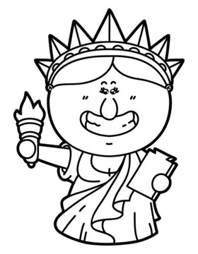Vector illustration coloring page of happy cartoon Statue of Liberty which is holding torch