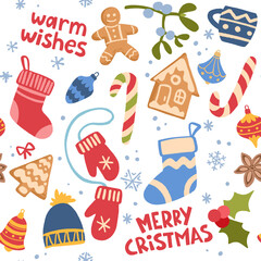 Decorative vector seamless pattern with Christmas and New Year decoration.