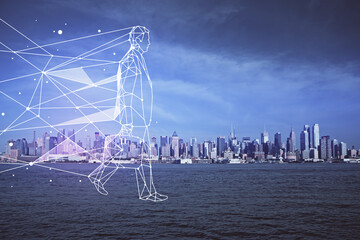 Double exposure of start up theme drawings over cityscape background. Concept of success.