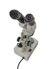 Fototapeta na wymiar Science theme, view of a black and white microscope on white background