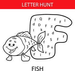 Vector illustration of printable kids alphabet worksheets educational game Letter hunt  for preschool children practice with cartoon character