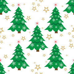 Holiday seamless pattern with christmas tree and snowflakes and stars vector illustration