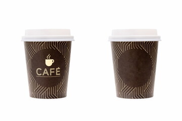 Disposable cups for coffee or other drinks on white background