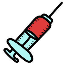 medical syringe with red blood, isolated object, vector medical doodles
