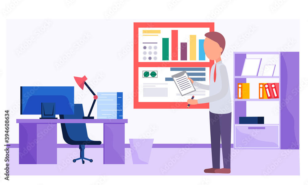 Poster businessman working and analyzing financial statistics. the male marketer studies information about 