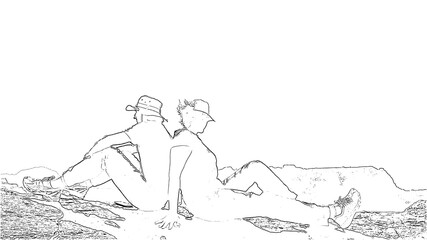 Couple of hikers sitting on the edge of mountains, love, friendship, partnership concept, adventure travelling