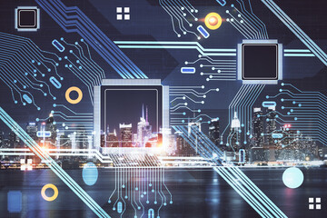 Data theme hologram drawing on city view with skyscrapers background multi exposure. Ai concept.