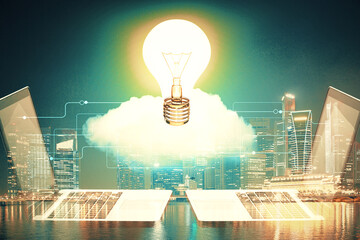 Multi exposure of bulb hologram drawing and cityscape background. Concept of idea.