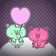 Beautiful vector romantic invitation card with couple of adorable friendly owls and delicate seamless pattern(with abstract snowflakes) on background