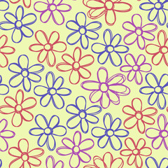 Floral seamless pattern. Hand drawn flowers. Vector illustration. Marker doodle sketch. Line art silhouettes. Repeat contour drawing.