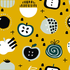 vector seamless background patterns in Scandinavian style,cartoon cute apples  and elements for fabric design, wrapping paper, notebooks covers