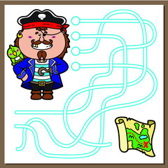Vector illustration of maze(labyrinth) game with cute Pirate and treasure map for children
