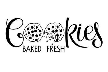 Cookies baked fresh lettering isolated on white. Text with hand drawn sketch element. Christmas Typography poster for wall art, t-shirt design. Hand written brush calligraphy quote. Sweet dessert