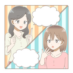 マンガ風の吹き出しで会話する女性