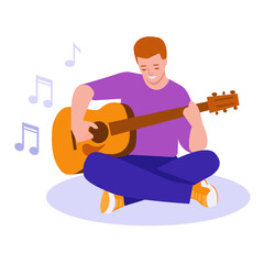 The young man plays the guitar. Vector illustration in flat style. Isolated on white.