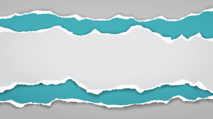 Pieces of torn, ripped turquoise and white paper with soft shadow are on grey background for text. Vector illustration
