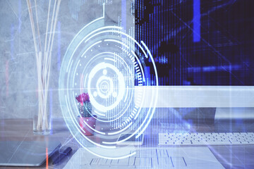 Double exposure of desktop with computer on background and tech theme drawing. Concept of big data.