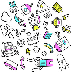 Vector set of hand drawn doodles of robots objects