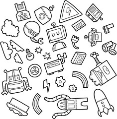 Vector set of hand drawn doodles of robots objects