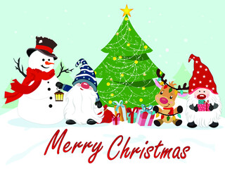 Winter Christmas background with gnomes snowman, Reindeer Vector illustration. Snowflakes, graphic, santa gift, Christmas tree, Claus, gnome, deer, landscape, card, merry christmas  
