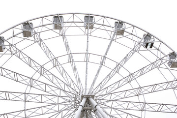 Modern white Ferris wheel in the central park against sky. Entertainment, attraction, amusement park, minimal concept or background.