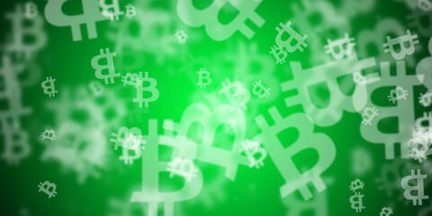 Abstract flashy green background with flying bitcoin logos