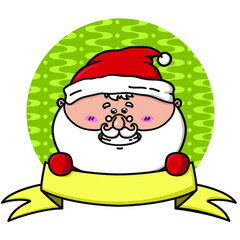 Santa badge vector illustration of cute kawaii Santa with ribbon.