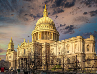 London England,  saint Paul's cathedral impressive dome under dramatic sky
