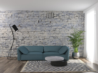 Fototapeta na wymiar 3d rendering of contemporary interior with old brick wal and blue sofa