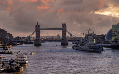 Fototapeta na wymiar London England, the tower bridge over Thames river under dramatic sky