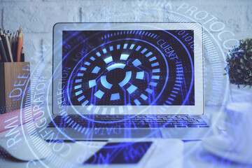 Double exposure of desktop with personal computer on background and tech theme drawing. Concept of Bigdata.