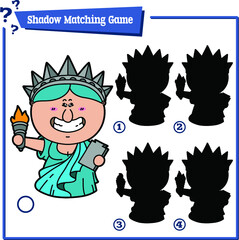 Vector illustration of shadow matching game with happy cartoon Liberty for children