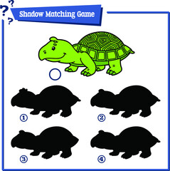 Vector illustration of shadow matching game with happy cartoon turtle for children