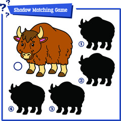 Vector illustration of shadow matching game with happy cartoon yak for children