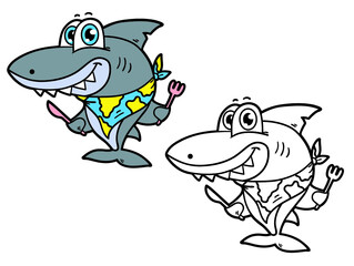 Vector illustration coloring page of happy cartoon shark for children and scrap book