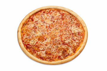 Fresh Italian classic pizza isolated on white background. Advertising flyer or poster for the pizzeria menu.