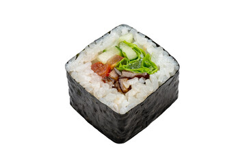 Maki (roll) vegetarian with mushrooms, cucumber, tomato and green salad. Japanese food. Copy space, studio shot, isolated.