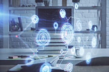 Multi exposure of desktop computer and technology theme hologram. Concept of software development.