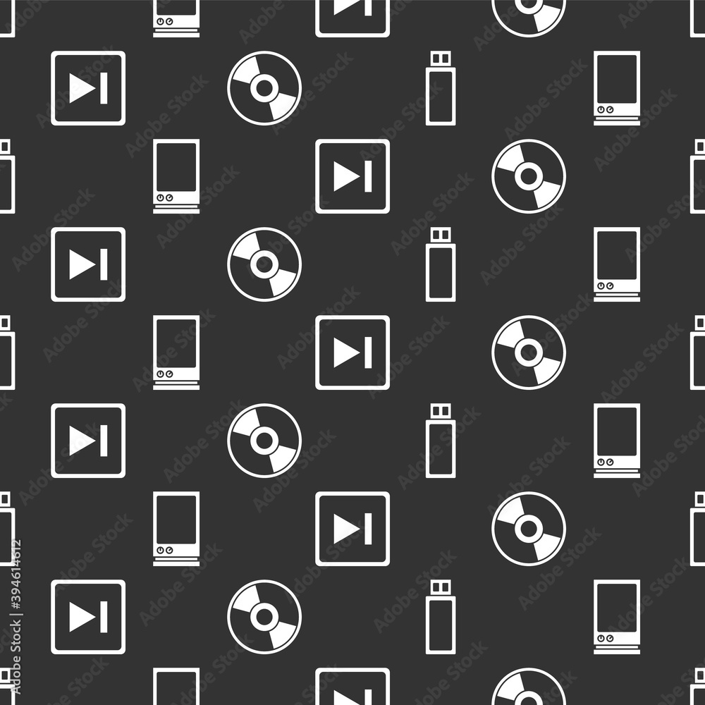 Poster set usb flash drive, voice assistant, fast forward and cd or dvd disk on seamless pattern. vector.