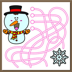 Vector illustration of maze(labyrinth) game with cute cartoon Snowman for children