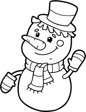 Vector illustration of cute cartoon snowman character for children, coloring page