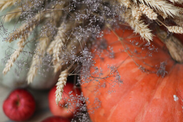 Autumn food frame with apple fruit and pumpkin on wooden background. Great top view. Florist shop. Garden. Great Country Farm.