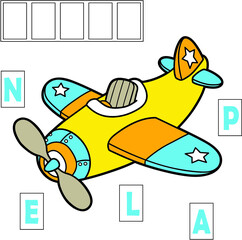 Vector illustration of spell game with cartoon plane for children