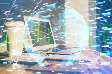 Multi exposure of business theme icons and work space with computer background. Concept of success.