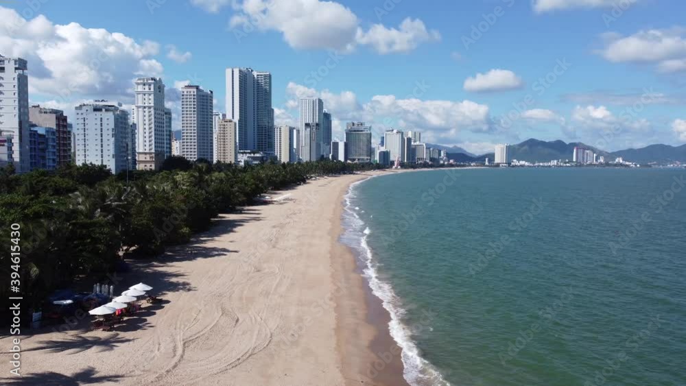 Canvas Prints NHA TRANG, Khanh Hoa, Vietnam - November 23, 2020: Aerial view on beautiful deserted center Nha Trang beach in Vietnam with luxury hotels and holiday resorts. Travel, tourism and vacation concept.