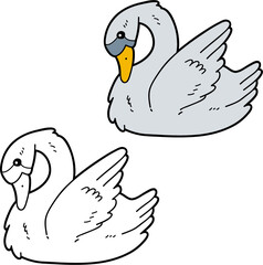 Vector illustration of cute cartoon swan character for children, coloring page