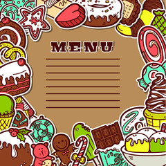 Fototapeta premium Vector cartoon hand drawn brochure template for menu with sweets . Cutting of sweets made by clipping mask