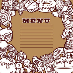 Vector  cartoon hand drawn brochure template for menu with sweets . Cutting of sweets made by clipping mask