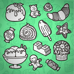 Second part of vector doodle collection of hand drawn sweets icons with outline seamless pattern on background
